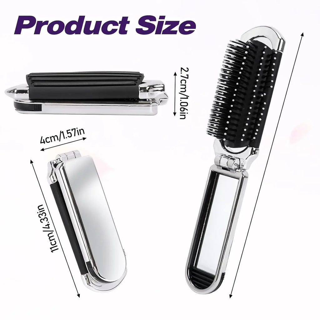 Foldable Comb with Detachable Makeup Mirror, 2-in-1 Function, Portable Air Cushion Massage Comb for Women.