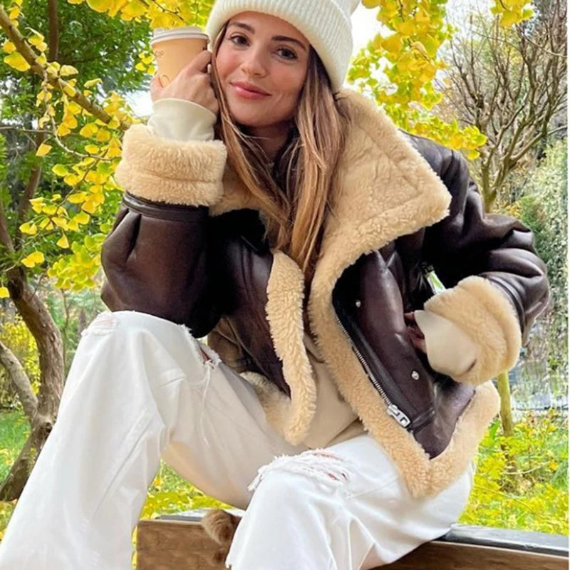 2025 New Autumn Winter Women Faux Lamb Fur Short Jacket Vintage Female Moto Biker Zipper Thick Warm Coat Fleece Outwear