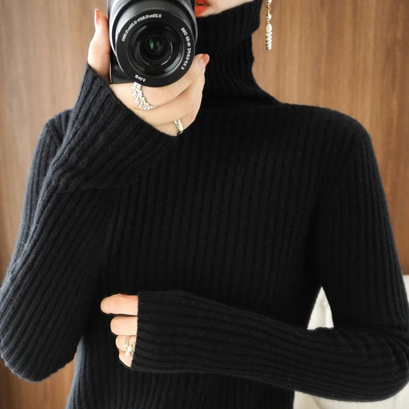 2025 Spring Autumn Winter Women's Cashmere Sweater Turtleneck Pullover Slim Solid Color High-quality Warmth Comfort Knitwears