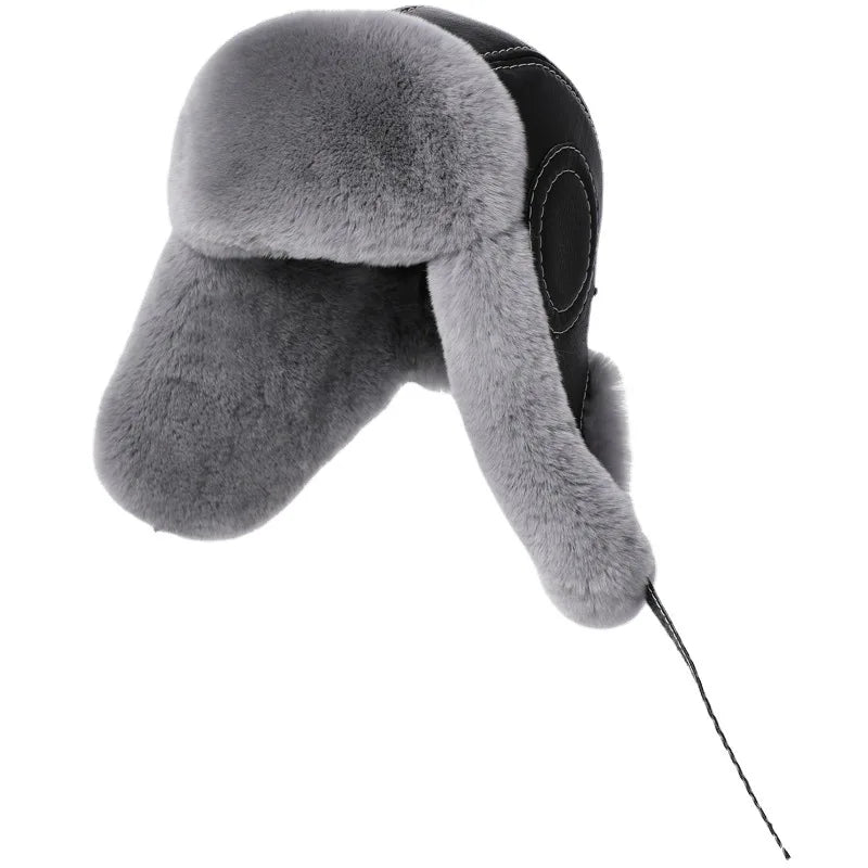 2025 Fashion Men's 100% Natural Rex Rabbit Fur Bomber Hats Winter Russian Man Warm Real Sheepskin Leather Hat Male Real Fur Caps