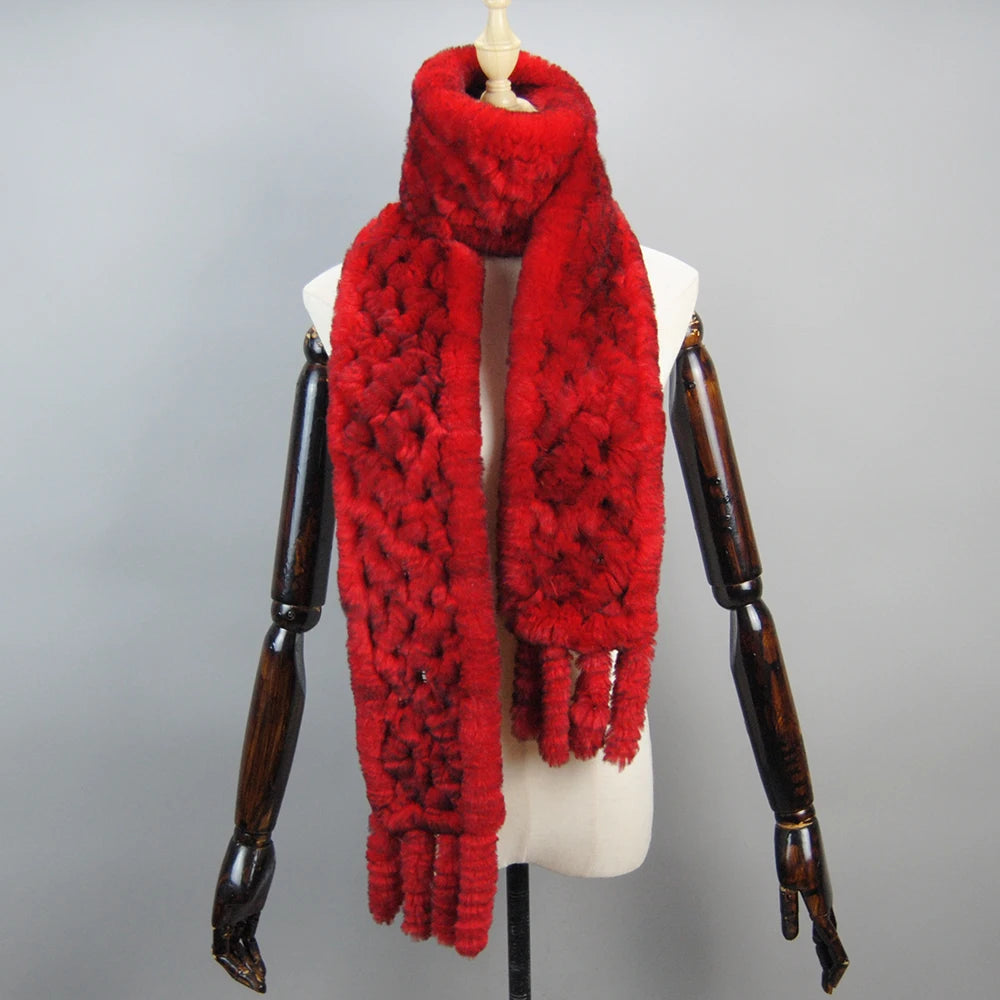 2025 Long Style Women Winter Real Rex Rabbit Fur Scarf Natural Rex Rabbit Fur Scarves Lady Knitted Rex Rabbit Fur Ring Scarves