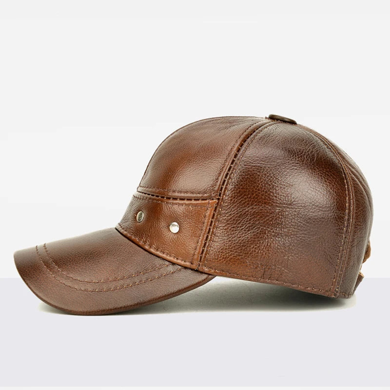 New 2025 Man High Quality Real Leather Baseball Caps Male Casual Cowhide Belt Ear Warm 56-60cm Adjustable Sprot Flight Hats