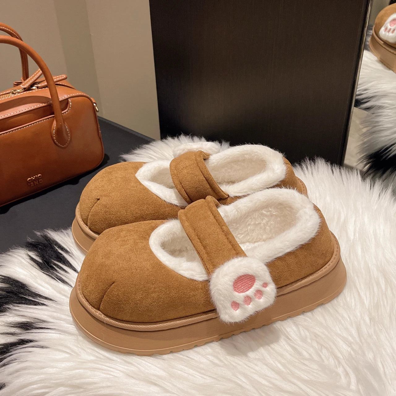Cute Cat Paw Cotton Snow Boots Shoes With Winter Velvet Thick Sole Indoor Outdoor Shoes ForWarm Round Toe Ankle Boots