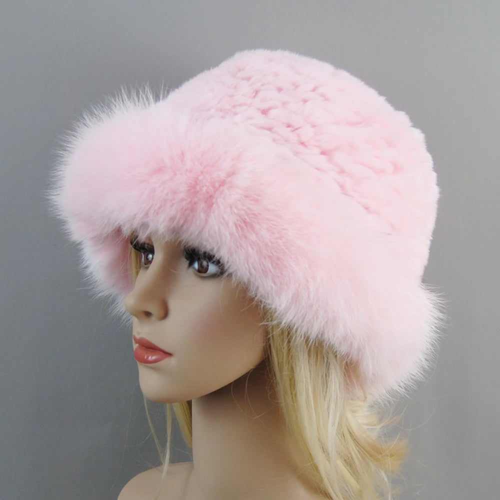 New Style Luxury Knitted Real Genuine Fox Fur Hats Women Beanies Solid Rex Rabbit Fur Caps Winter Lady Fashion Fur Skullies Hat