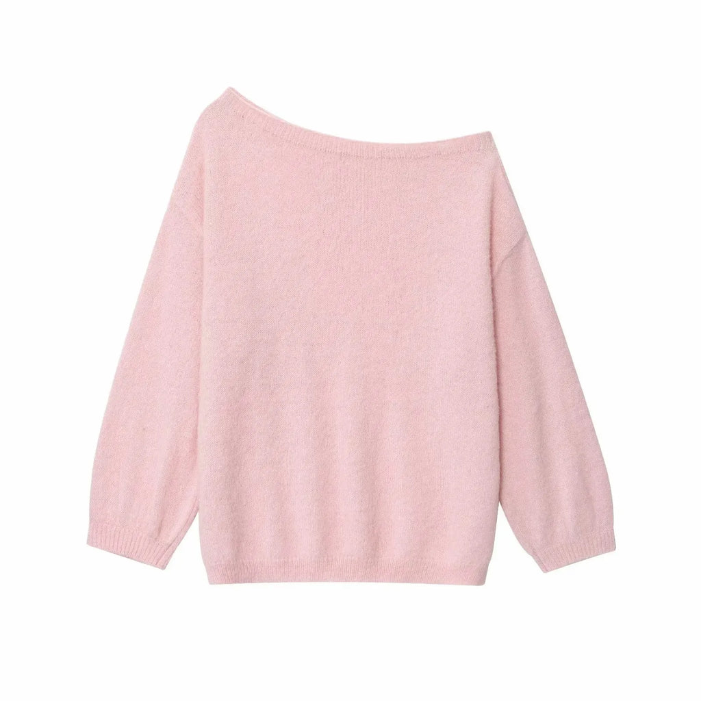 Women's Fashionable Lazy Pink One Shoulder Sweater 2025 Autumn New Design Sense Knitted Sweater Loose Top Female Clothing