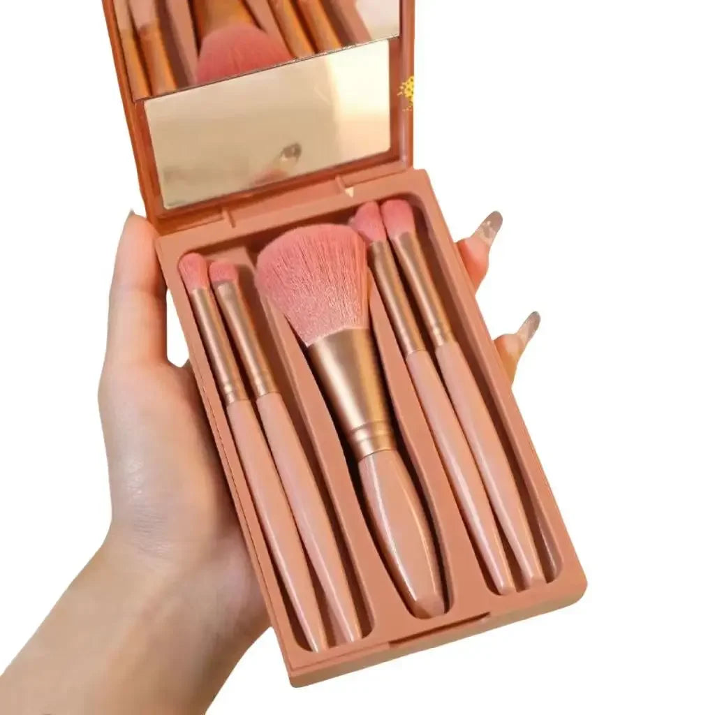 5-Piece Makeup Brush Set with Mirror, Travel Soft Bristle Loose Powder, Eyeshadow, and Blush Brush, Portable Makeup Brush Kit.