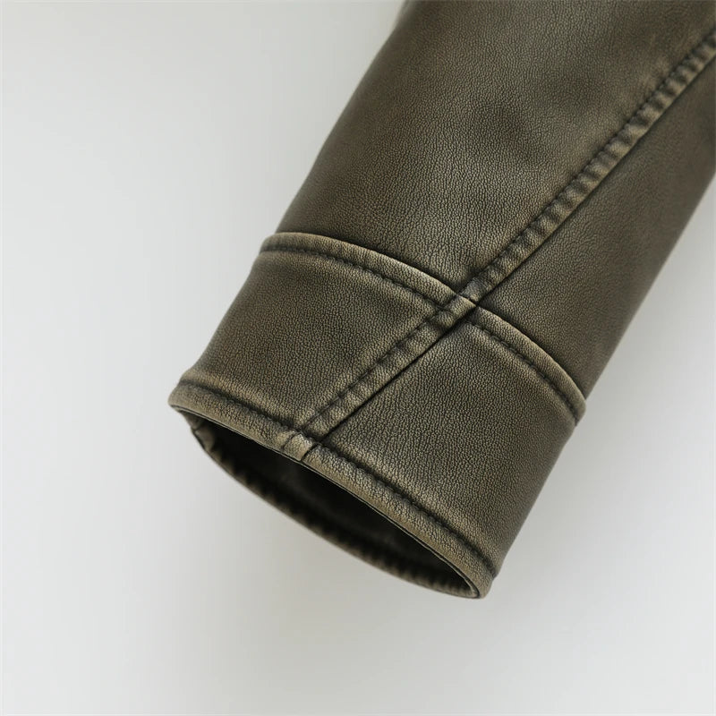 2025 New style Women's washed leather jacket with belt, short coat with downgraded zipper and vintage lapel jacket