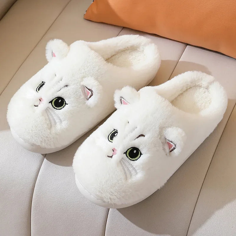 New Winter Women Lovely Cat Plush Slippers Warm Shoes Slides Cute Cartoon Cat Fuzzy Slippers Men Soft Footwear Home Cotton Shoes