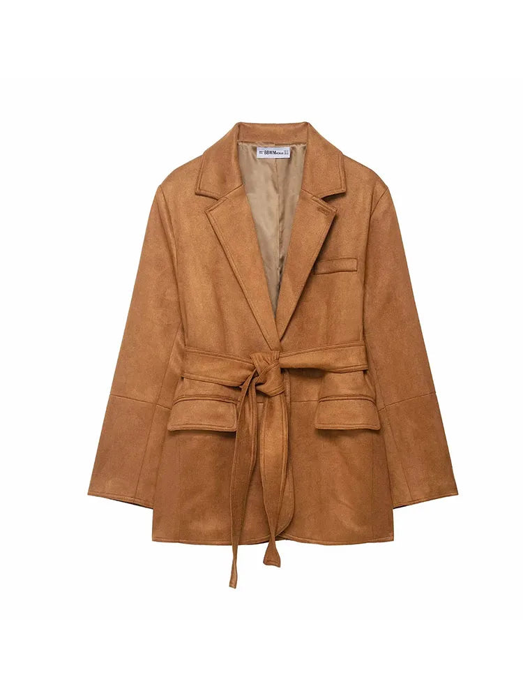 Women's Vintage Solid Elegant Blazer Suede Fashion 2025 Autumn Office Lady Sashes Chic Loose Chic Streetwear Mujer Outwear