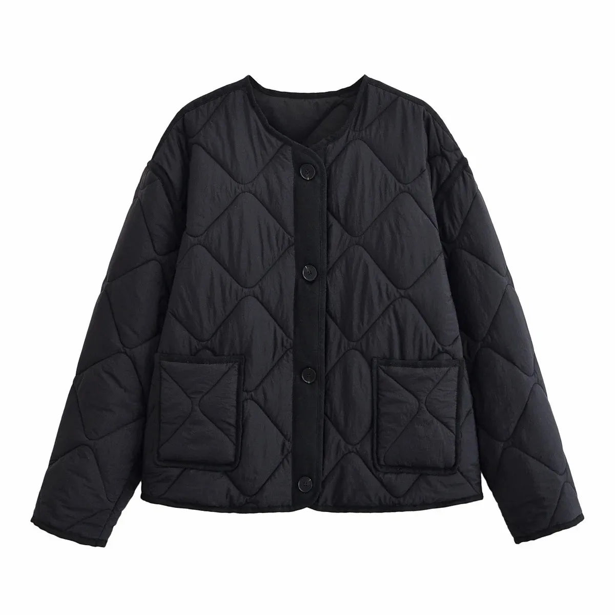 Woman 2025 Autumn Comfy Outdoor Clothes High Street Pocket Simple Grid Jacket Vintage O-Neck Jackets Cotton-Padded Jacket