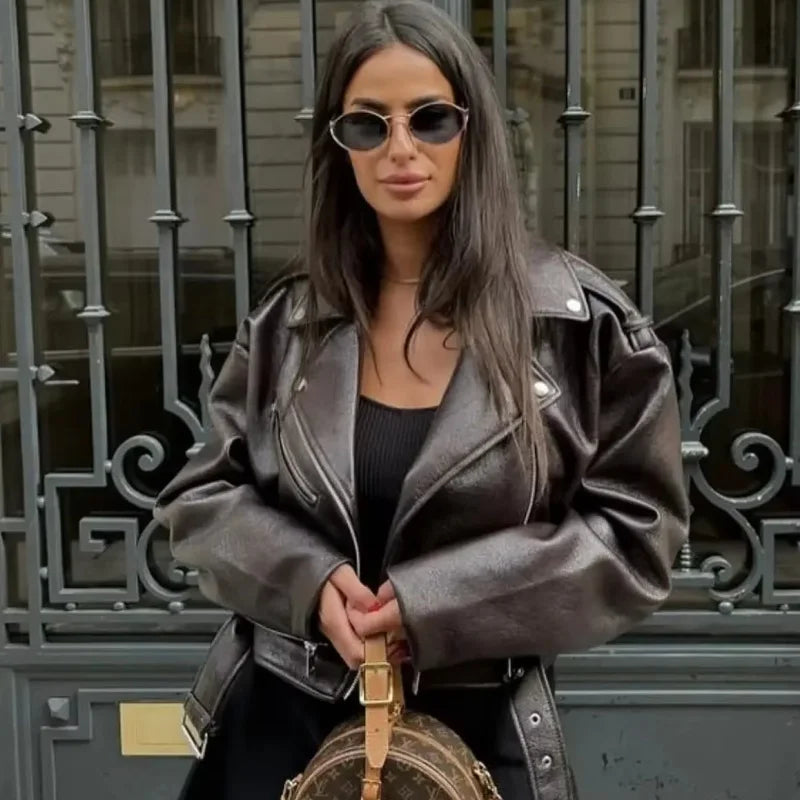 2025 Light Faux Spring Autumn Women Retro Short Soft Leather Jacket Vintage Female Belt Zipper Coat Moto Biker Outwear Tops