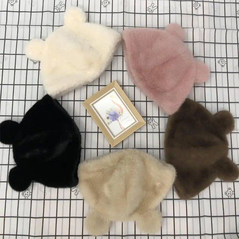 Winter Luxury Faux Mink Fur Beanies Caps Women's Earmuffs Fashion Warm Cap Berets Faux Mink Fur Brim 2025 Fashion Warmer Cap