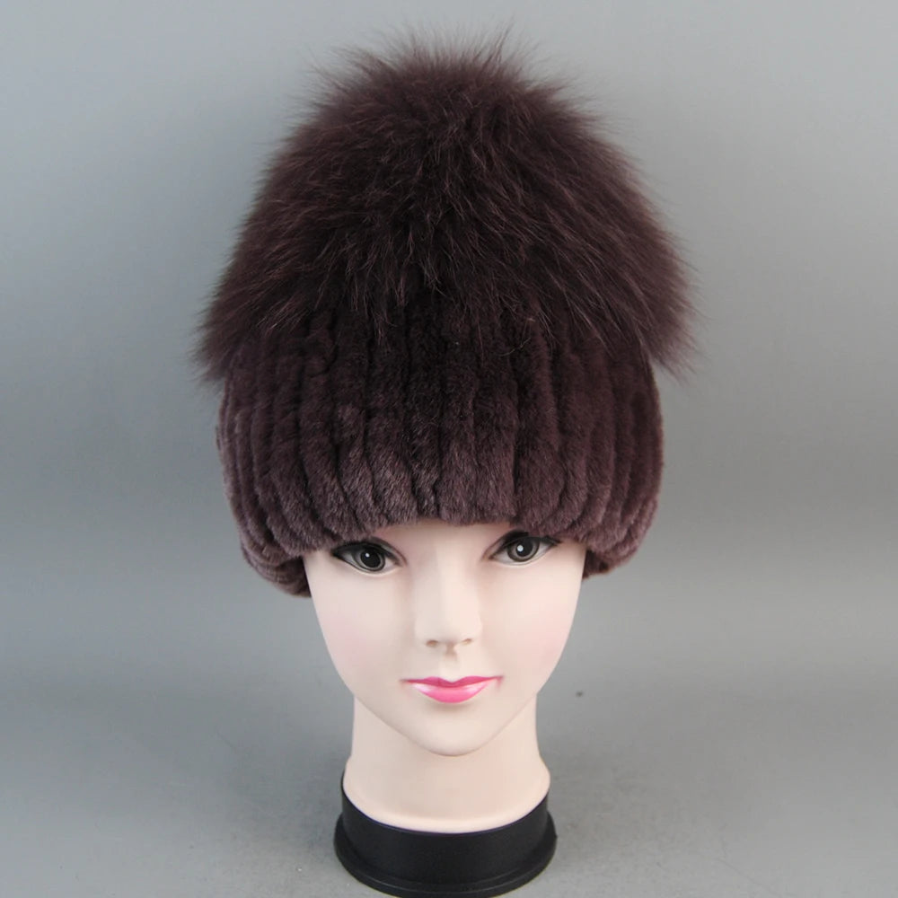 Female's Hat Good Elastic Natural Fluffy Real Fox Fur Hat New Winter Women Knitted Real Rex Rabbit Fur Hats Lady Real Fur Cap