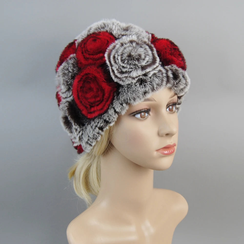 Winter Knitted 100% Natural Fur Hats Scarves Sets Women Warm Real Rex Rabbit Fur Hat Scarf Lady Fashiom Thick Rex Rabbit Fur Hat