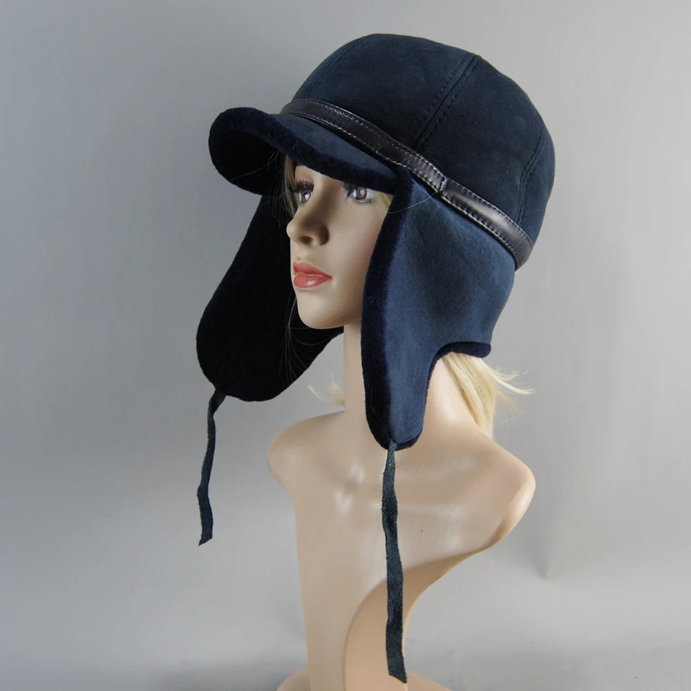 High Quality 2025 Winter Leather Hat Men Fur Lamb Wool Warm Thick Earflaps Bomber Hats Men's Baseball Cap Russian Hat