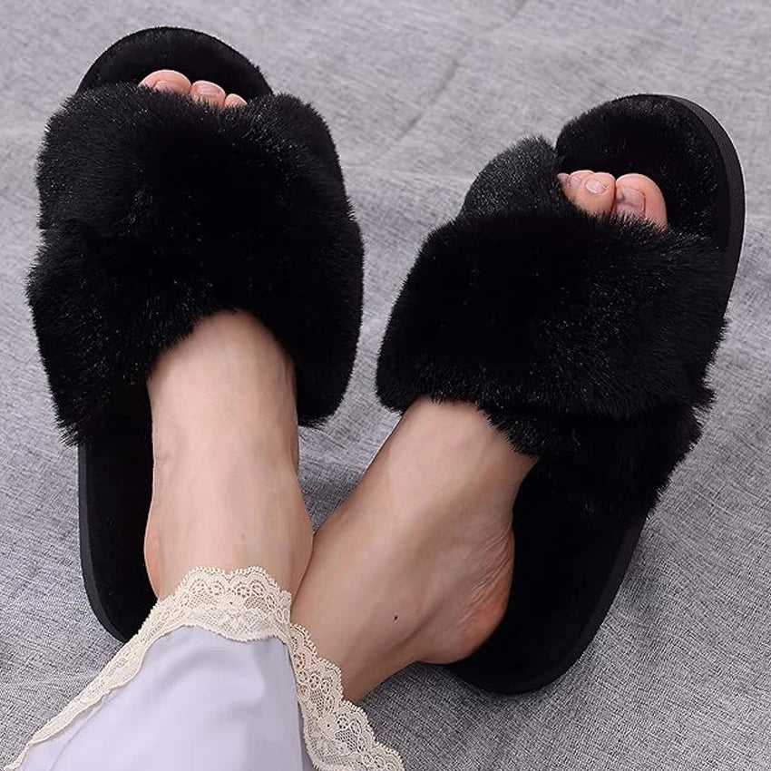 Eyriphy Indoor Open Toe Flats Cotton Shoes Comfort House Slippers Winter Fluffy Fur Slippers Women Fashion Plush Fuzzy Slippers
