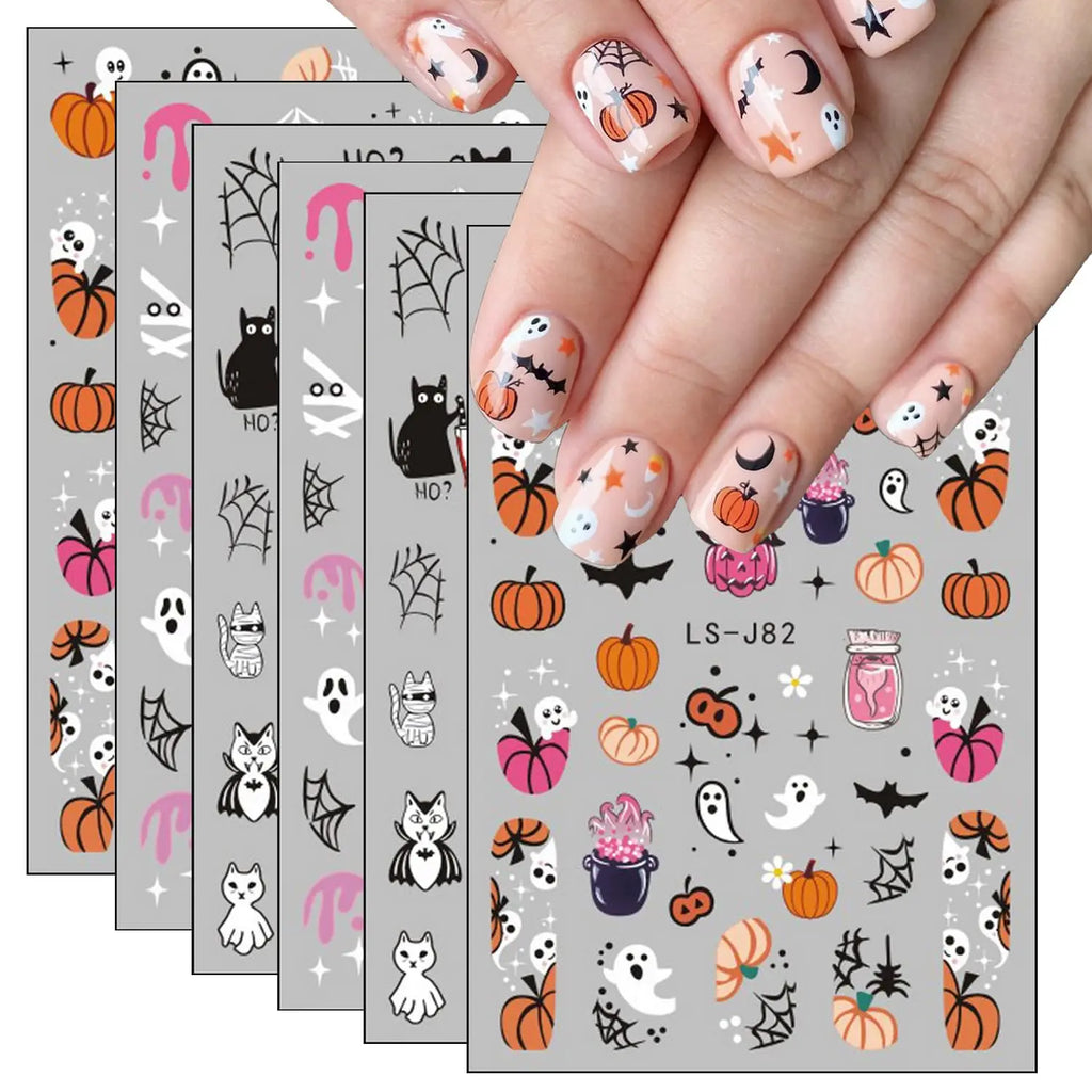 3D Halloween Nail Stickers: Ghost, Pumpkin, Bat, Cat, and Skeleton Designs - DIY Nail Art for Women and Children