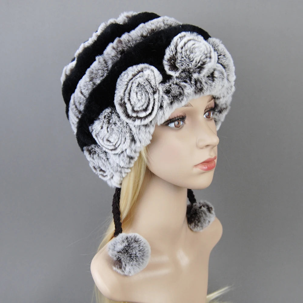 Hot Sale Women Warm Rex Rabbit Fur Hat Scarf Sets Winter Lady Knit Fur Hats Muffler 2 Pieces Natural Rex Rabbit Fur Cap Scarves