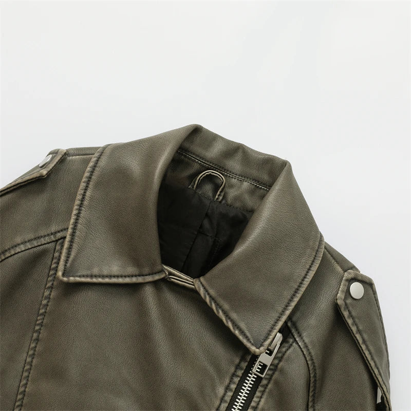 2025 New style Women's washed leather jacket with belt, short coat with downgraded zipper and vintage lapel jacket