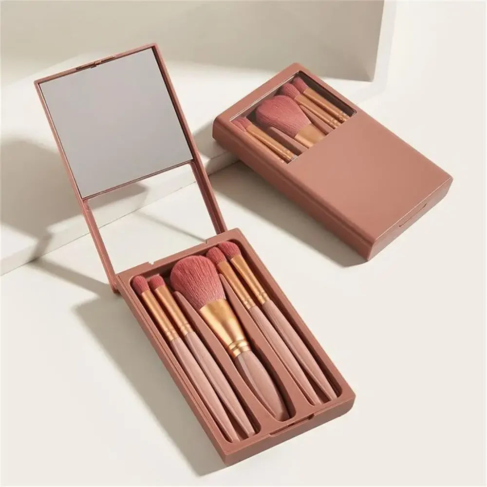 5-Piece Makeup Brush Set with Mirror, Travel Soft Bristle Loose Powder, Eyeshadow, and Blush Brush, Portable Makeup Brush Kit.
