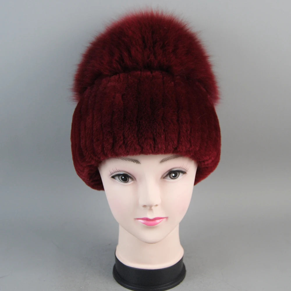 Female's Hat Good Elastic Natural Fluffy Real Fox Fur Hat New Winter Women Knitted Real Rex Rabbit Fur Hats Lady Real Fur Cap