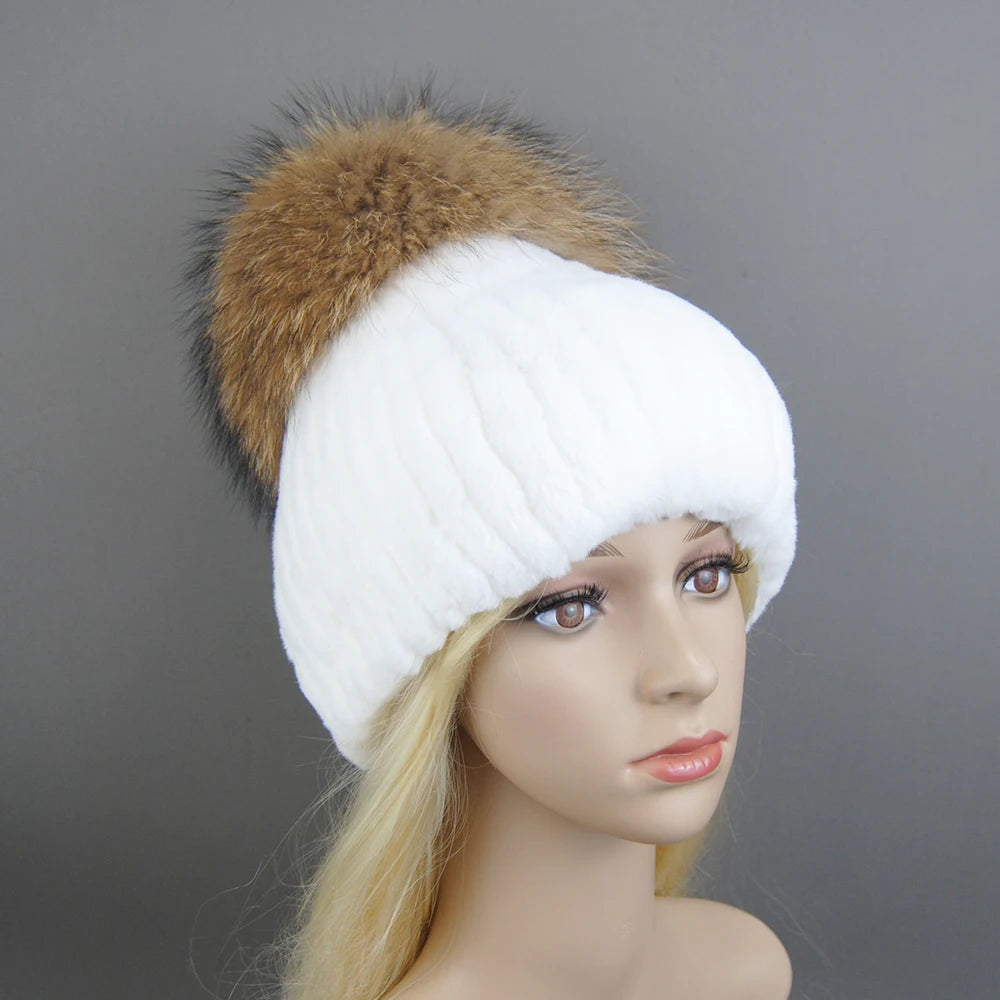New Winter Warm Real Rex Rabbit Fur Hats Beanies 100% Natural Fur Caps Fashion Knitted Genuine Fur Hat With Raccoon Fur Ball