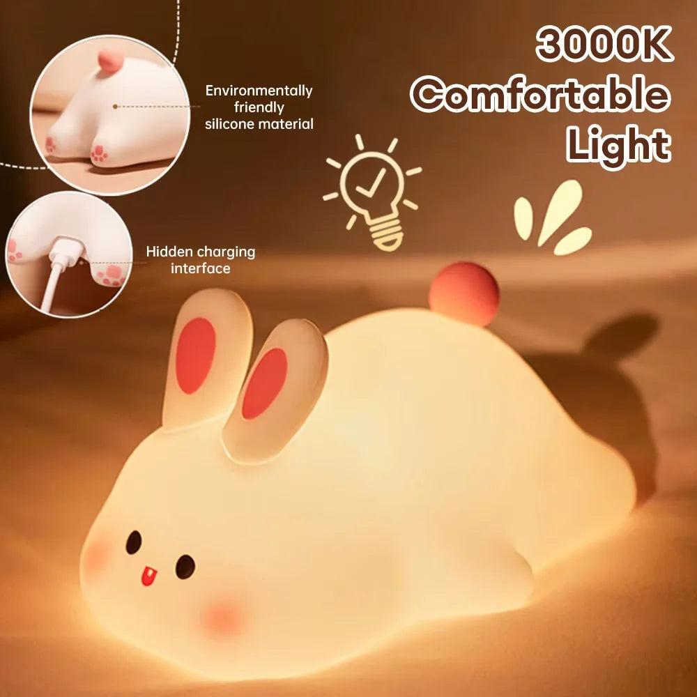 Cute Bunny Cartoon Night Light - USB Rechargeable Touch Dimming, Children's Bedside Sleep Gift