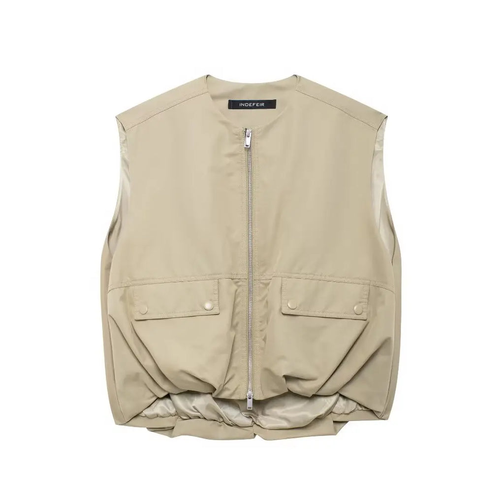 Women High Street Pleated Hem Loose Casual Vest Fashion Versatile Double Zipper Vest Female Round Neck Sleeveless Vest