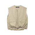 Women High Street Pleated Hem Loose Casual Vest Fashion Versatile Double Zipper Vest Female Round Neck Sleeveless Vest