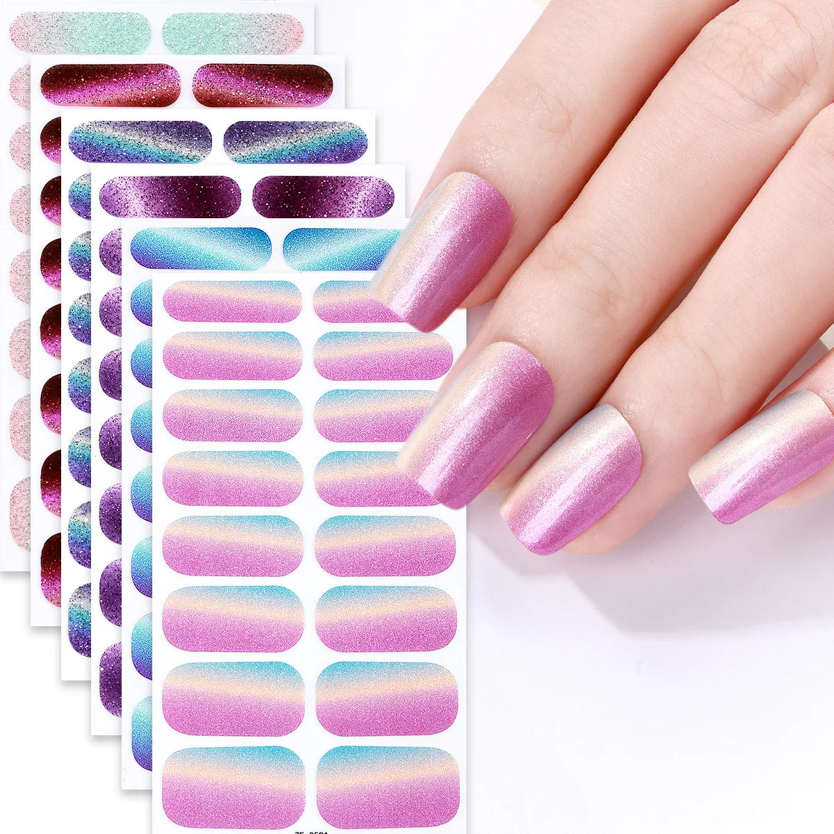 Gradient Cat Eye Style Nail Art Stickers, 16-Piece Set Self-Adhesive Waterproof Glitter False Nail Decals