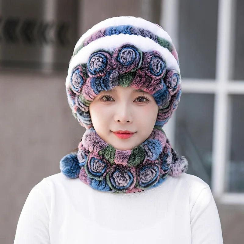 Hot Sale Women Warm Rex Rabbit Fur Hat Scarf Sets Winter Lady Knit Fur Hats Muffler 2 Pieces Natural Rex Rabbit Fur Cap Scarves
