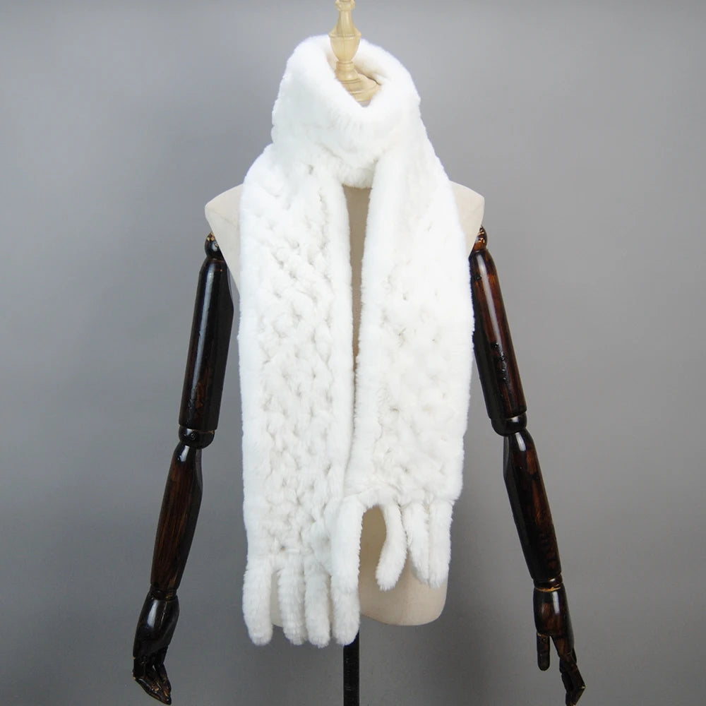 2025 Long Style Women Winter Real Rex Rabbit Fur Scarf Natural Rex Rabbit Fur Scarves Lady Knitted Rex Rabbit Fur Ring Scarves