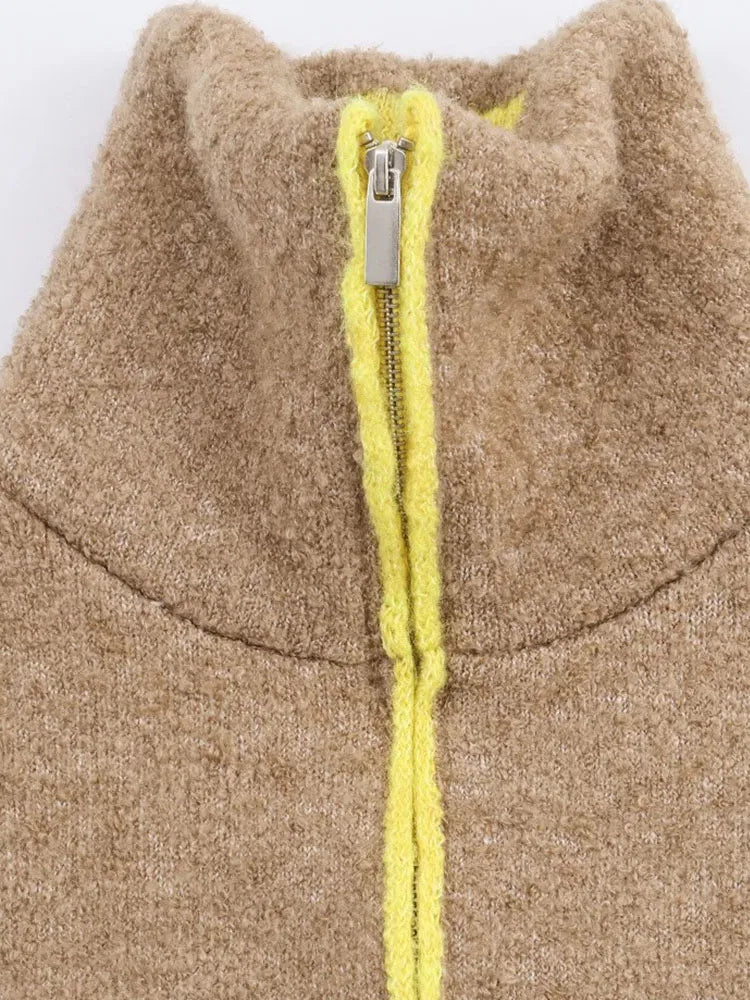 Women Autumn Winter New Color-block Knitwear Fleece Jacket Street Style Women's Fashion Outerwear Elegant Stand Collar Coat