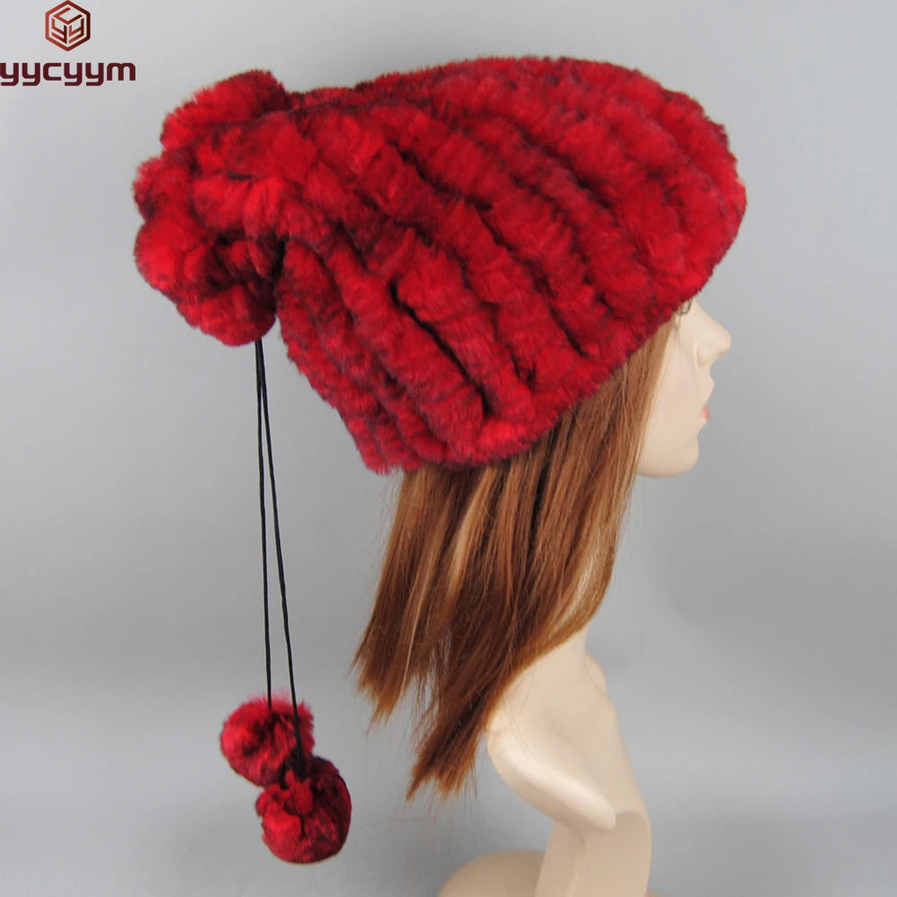 Winter Luxury Women Real Natural Rex Rabbit Fur Hats Fashion Lady Knitted Genuine Fur Caps Russian Outdoor Warm Fur Hats Beanies