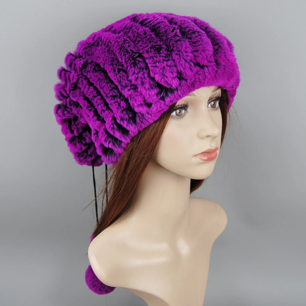 Winter Luxury Women Real Natural Rex Rabbit Fur Hats Fashion Lady Knitted Genuine Fur Caps Russian Outdoor Warm Fur Hats Beanies