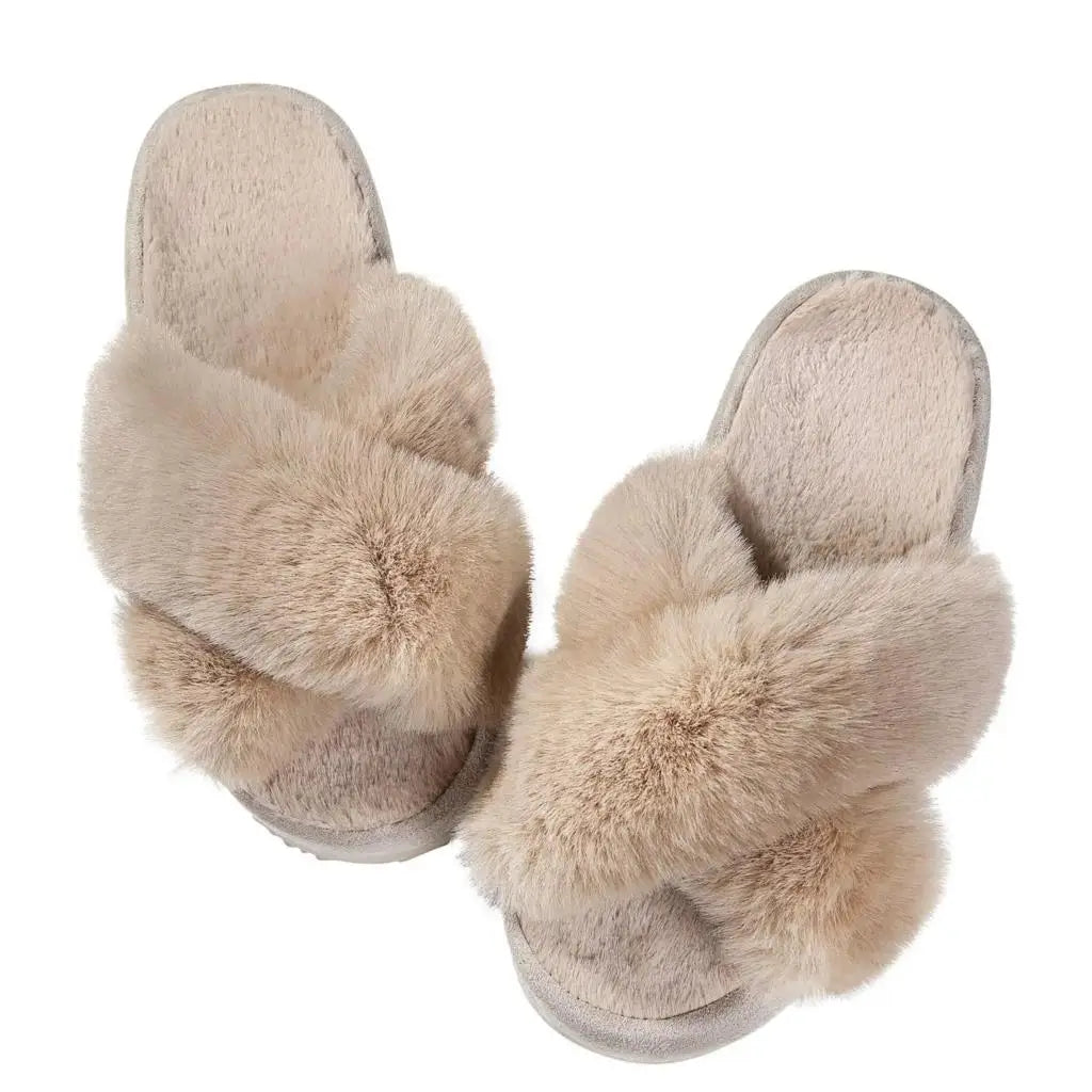 Eyriphy Indoor Open Toe Flats Cotton Shoes Comfort House Slippers Winter Fluffy Fur Slippers Women Fashion Plush Fuzzy Slippers