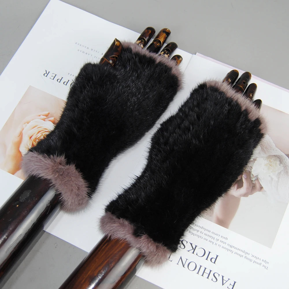 New Style Women Winter Real Mink Fur Gloves 100% Natural Warm Mink Fur Fingerless Gloves Girls Knitted Genuine Mink Fur Mittens