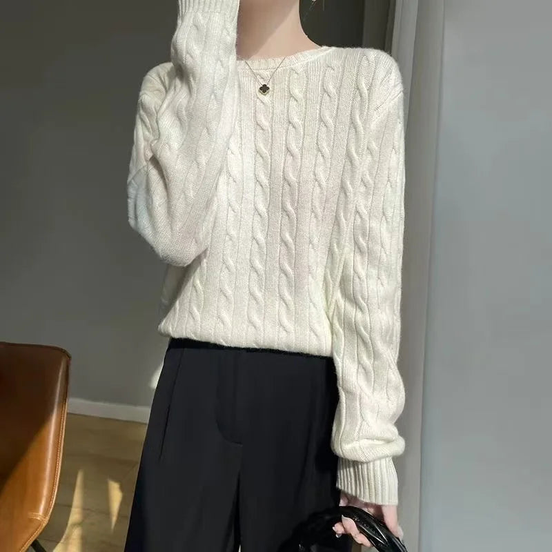 Autumn And Winter New Thick Wool Knitted Sweater Solid Color Round Neck Twist Loose Fashion Knitted Bottoming Shirt Top