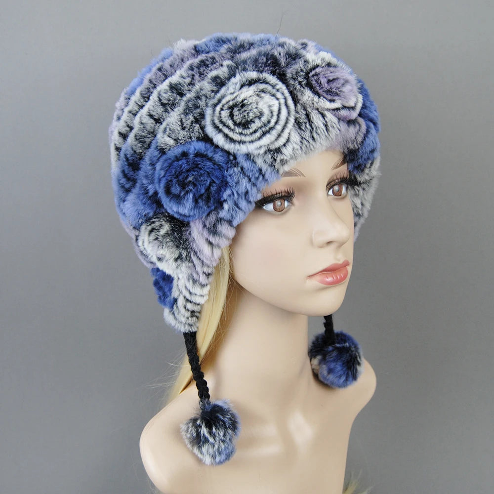Hot Sale Women Warm Rex Rabbit Fur Hat Scarf Sets Winter Lady Knit Fur Hats Muffler 2 Pieces Natural Rex Rabbit Fur Cap Scarves