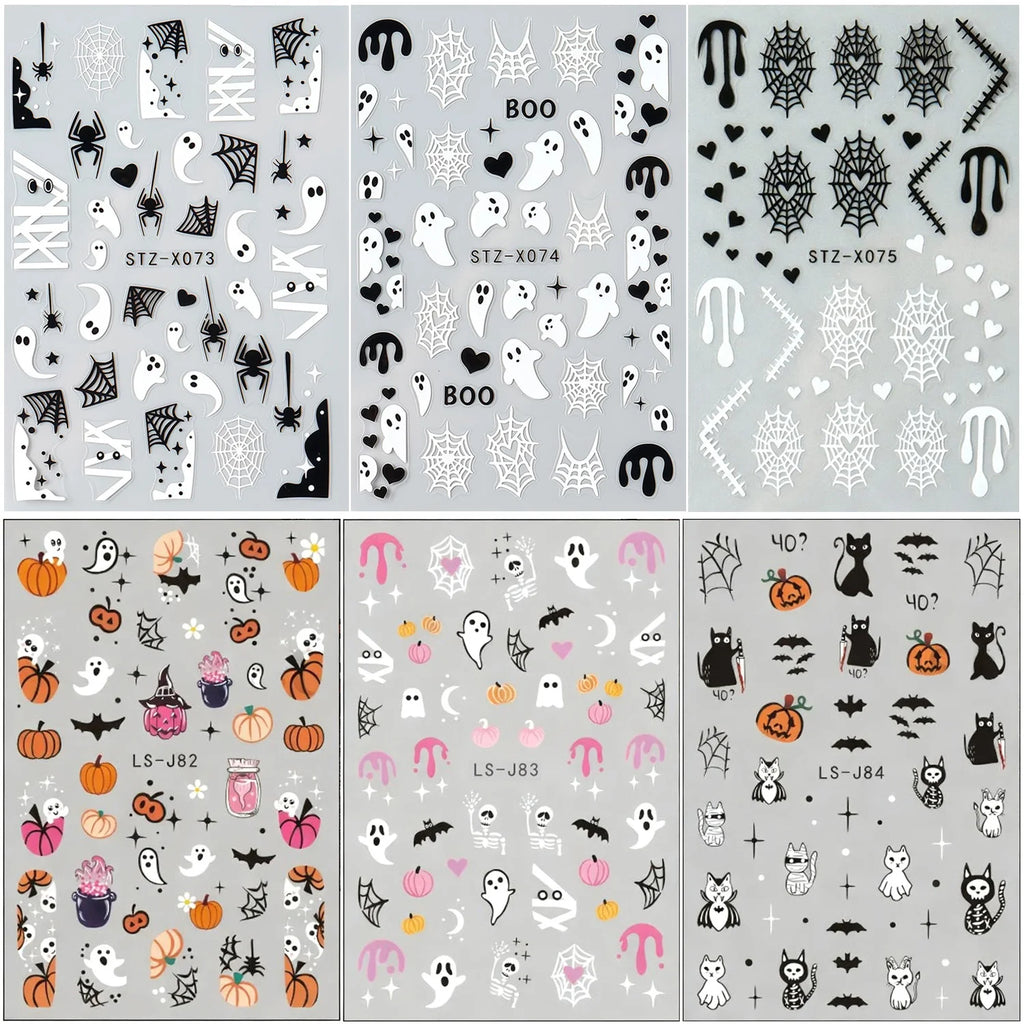 6-Sheet Halloween Nail Art Stickers Set - Holiday Party Nail Decals with Ghosts, Spider Webs & Festive Designs