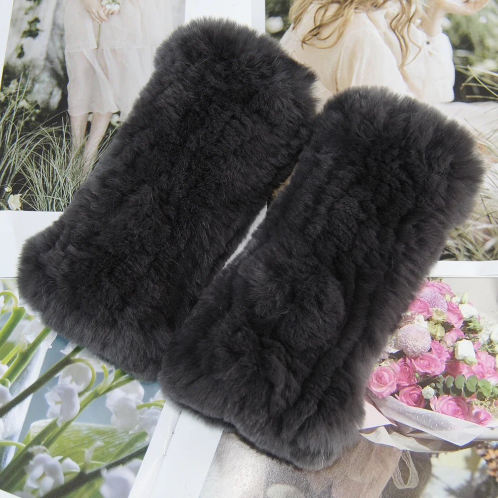2025 Fashion Real Rex Rabbit Fur Women's Winter Gloves Genuine Fur Mittens Girl Fingerless Gloves Wrist Warmer Elastic Fluffy