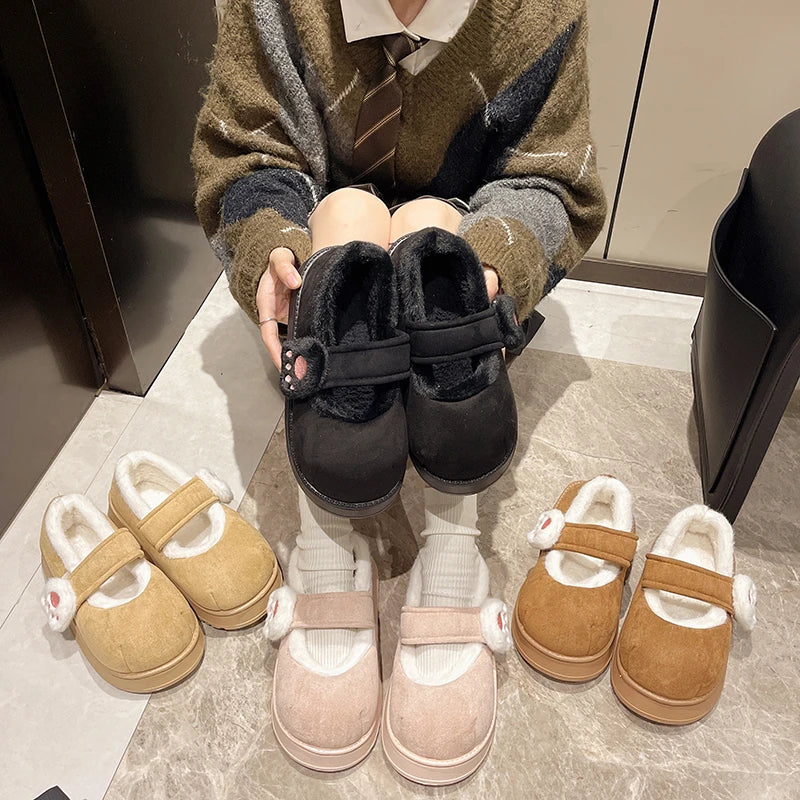 Cute Cat Paw Cotton Snow Boots Shoes With Winter Velvet Thick Sole Indoor Outdoor Shoes ForWarm Round Toe Ankle Boots