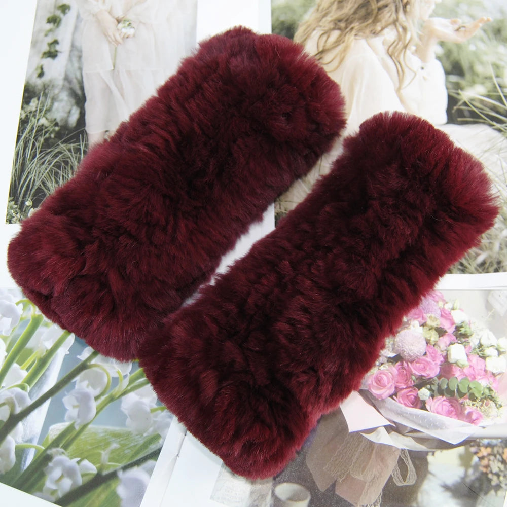2025 Fashion Real Rex Rabbit Fur Women's Winter Gloves Genuine Fur Mittens Girl Fingerless Gloves Wrist Warmer Elastic Fluffy