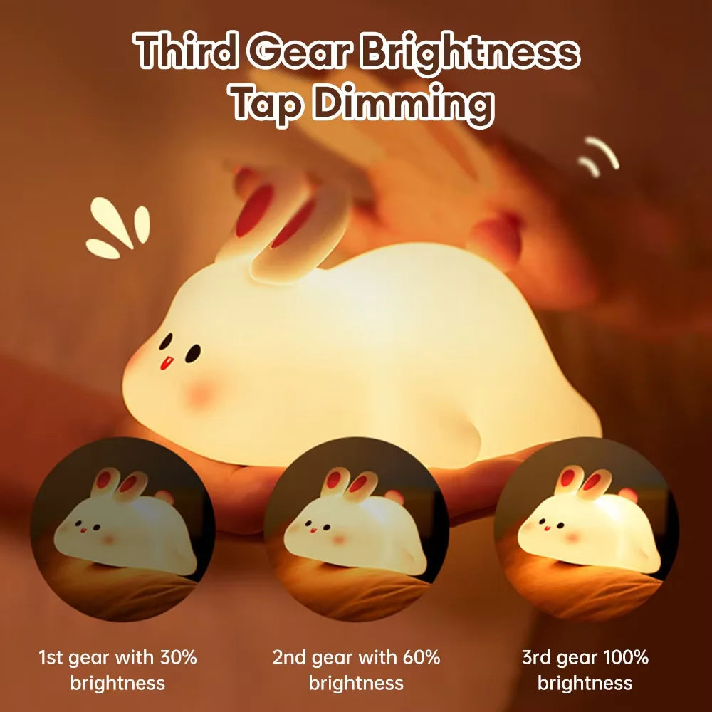 Cute Bunny Cartoon Night Light - USB Rechargeable Touch Dimming, Children's Bedside Sleep Gift