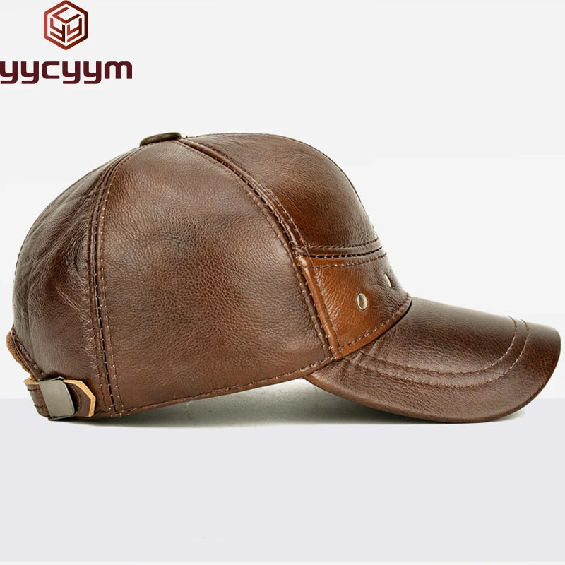 New 2025 Man High Quality Real Leather Baseball Caps Male Casual Cowhide Belt Ear Warm 56-60cm Adjustable Sprot Flight Hats