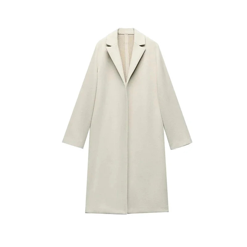 2025 Women Woolen coat Fashion Solid Open Stitch Long Trench Coats Vintage V-Neck Full Sleeves Female Chic Lady Outfits