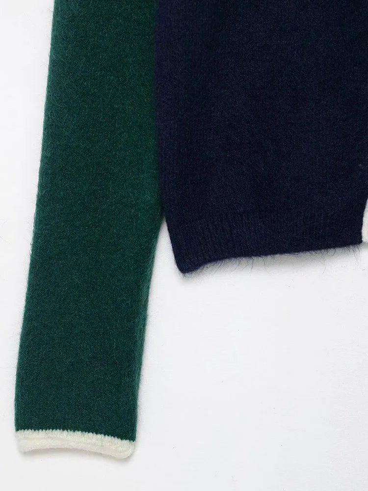 Women 2025 Winter New Knit Cardigan Contrast Trim Crew Neck Long Sleeve Button Sweater Casual Streetwear Knitted Sweatshirt Top