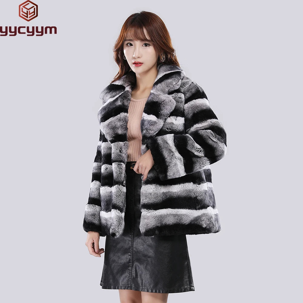2025 Winter Women Real Fur Coat Large Lapel Collar Short Rex Rabbit Jacket Full Pelt Fur Chinchilla Color Thick Warm Women Coat