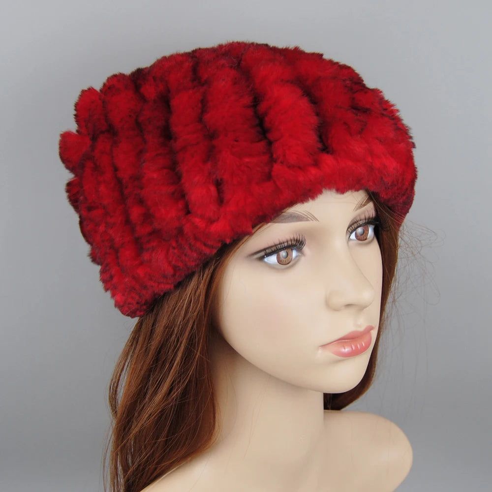 Winter Luxury Women Real Natural Rex Rabbit Fur Hats Fashion Lady Knitted Genuine Fur Caps Russian Outdoor Warm Fur Hats Beanies