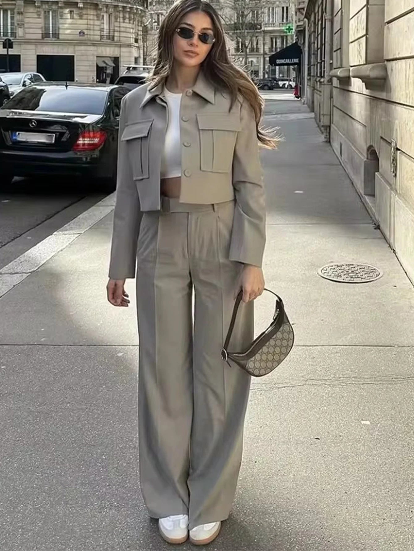 2025 Women Fashion Solid Long Sleeve Jacket Two Piece Set Women High Waist Pants Female Streetwear Style Sets